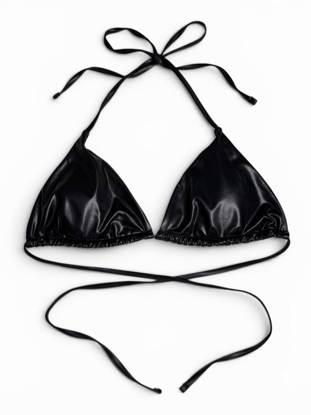 Y2K Black Faux Leather Triangle Halter Bikini Top